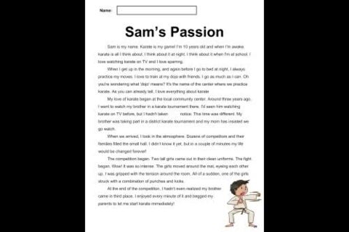 Sports Reading Comprehension Word File 8: Sam's Passion (Grade 2-3)