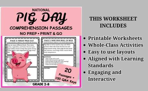 National Pig Day Reading Comprehension – 20 Passages with Questions ...