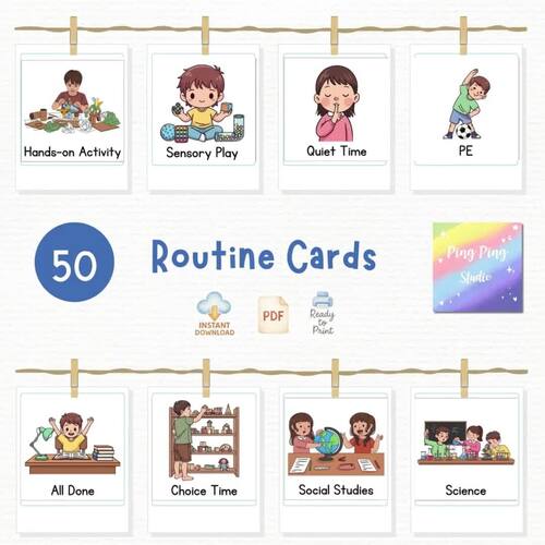 Editable Classroom Routine Cards – 50 Visual Schedule Cards | 3 Sizes Printable