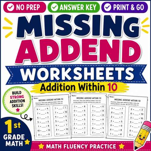 Missing Addend Worksheets Within 10 | 1st Grade Math Addition Practice