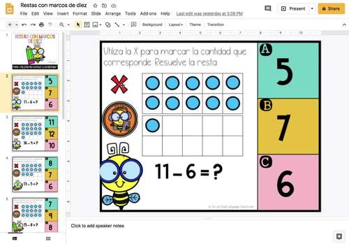 Restas y marcos de 10 Digital Resources in Spanish Subtraction and Ten ...