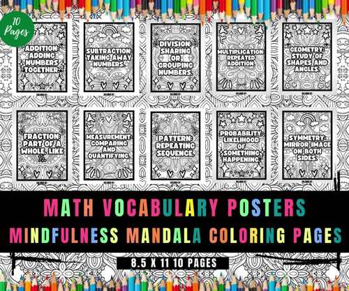Math Vocabulary Posters, Mindfulness Relaxing Coloring Sheets, No Prep