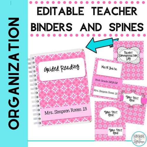 Teacher Binder Covers and Spines Pink Watercolor Editable | TPT