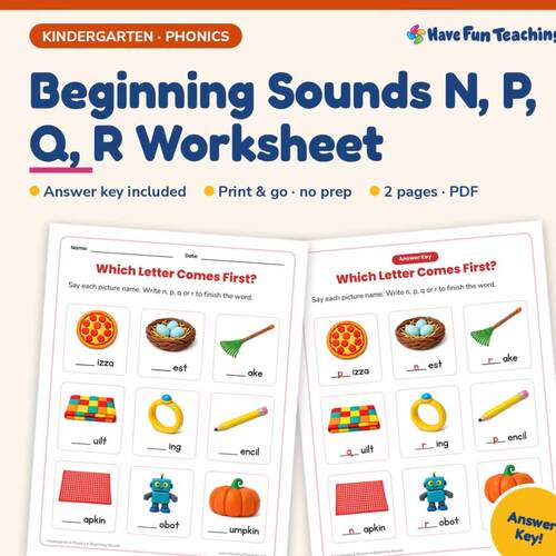 Beginning Sounds N, P, Q, R Worksheet with Answer Key by Have Fun Teaching