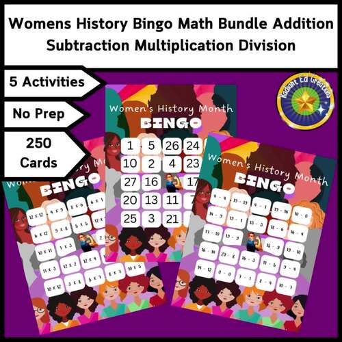 Womens History Bingo Math Bundle Addition Subtraction Multiplication ...