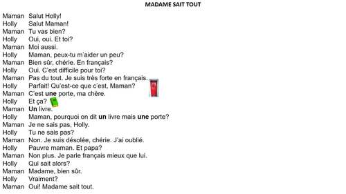 Preview of Lesson V. Video 10: Individual reading of the dialogue Madame sait tout