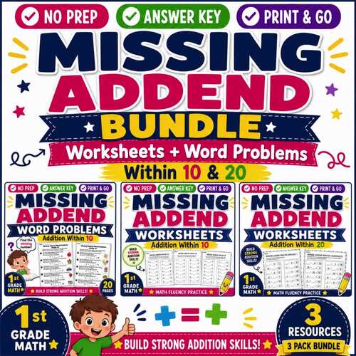 Missing Addend Worksheets Bundle | Addition Within 10 & 20 Word Problems