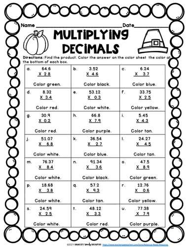 Thanksgiving Multiplying Decimals by Decimals Color by Number ...