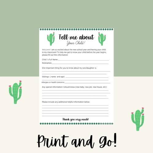 Tell me about your Child! Questionnaire/Parent Form Cactus Theme