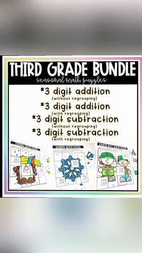 Spring Math 3 digit Addition Subtraction Puzzles for 3rd Grade