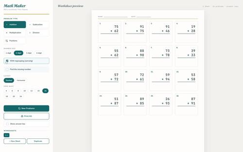 MATH MAKER — Mixed Operations Infinite Worksheet Generator. Watch Demo!