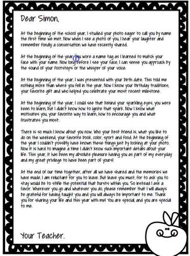 End of Year Letter From Your Teacher Editable by The Teacher Gene