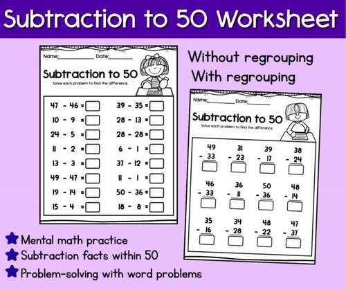 Subtraction Within 50 Worksheets | Subtraction Facts to 50 Worksheet
