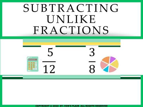 Subtract Unlike Fractions|Simplify|Rules and Notes|No Prep|Printable