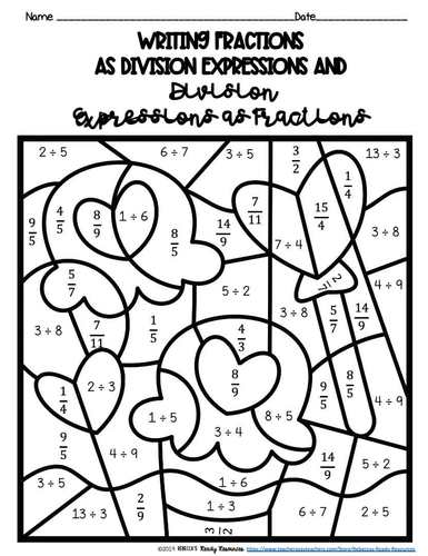 Writing Fractions As Division Expressions Color By Number Valentine's Day