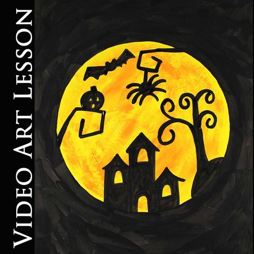 Preview of HALLOWEEN HAUNTED HOUSE & MOON Drawing & Painting Art Lesson & Activity