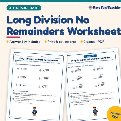 Long Division No Remainders Worksheet | 4th Grade Basic Operations Practice