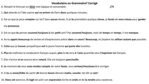 Preview of Vocabulaire ou Grammaire? Corrigé