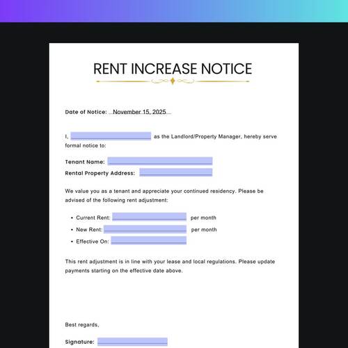 Rental Increase Notice, Rental Increase Form, Rental Increase Letter