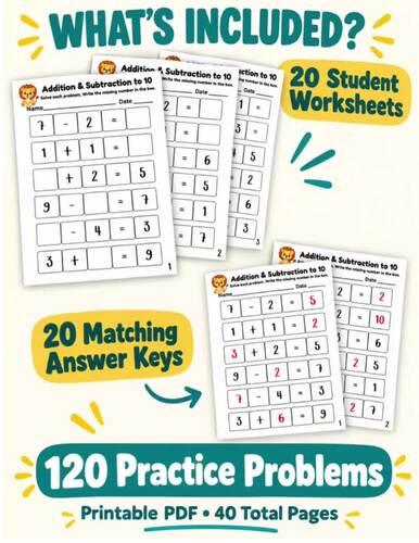 Addition & Subtraction to 10 Worksheets | Mixed Math Practice & Missing ...