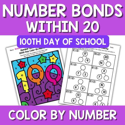 100th Day of Schools Number Bonds to 20 Color by Number Part Part Whole Fun