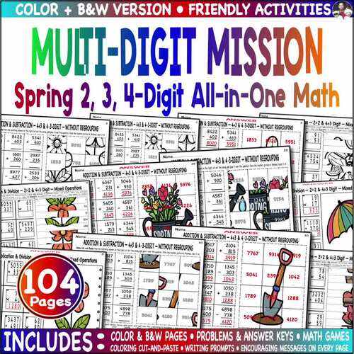 Spring 2, 3, 4-Digit Multi Math Add Sub Mult Div Mystery Cut Paste Color Game