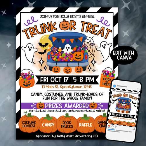 Halloween Trunk or Treat Event Flyer Poster Bundle, Social Media Templates