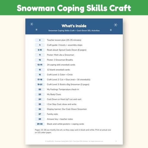 Snowman Coping Skills Craft + Calm Down Strategies Winter SEL ...