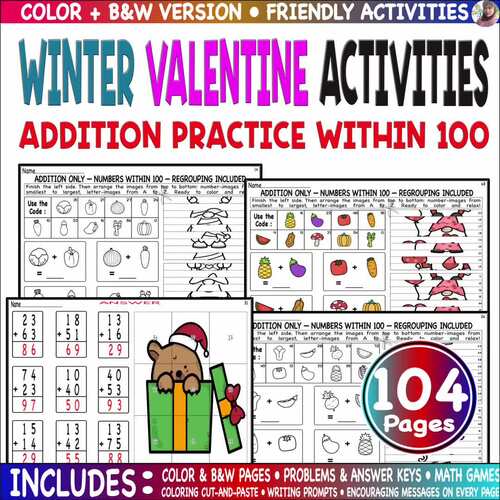 Valentine Winter Addition Practice Within 100 Worksheets + Bonus Color Code.