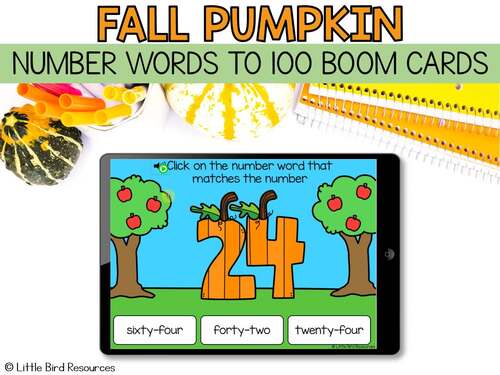 Fall Number Words Boom Cards 1 - 100 | Pumpkin Numbers & Number Word Match