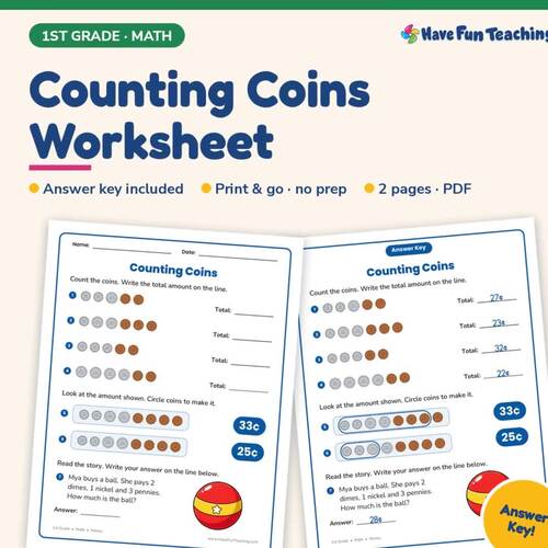 Counting Coins Worksheet | 1st Grade Money Practice with Answer Key