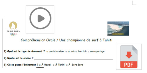 Preview of Olympics 2024 ! Oral Comprehension Surf in Tahiti , Video/WS/Answer Sheet