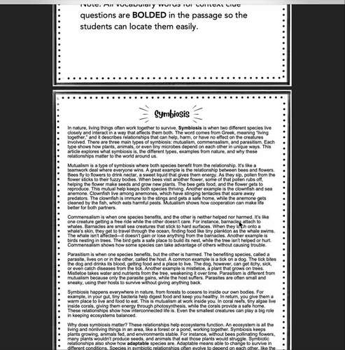 Symbiosis Close Reading Comprehension Task Cards by A Dads Classroom