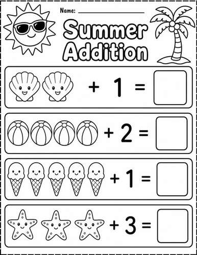 Summer Addition Worksheets | Addition to 10 | Kindergarten Math Activities
