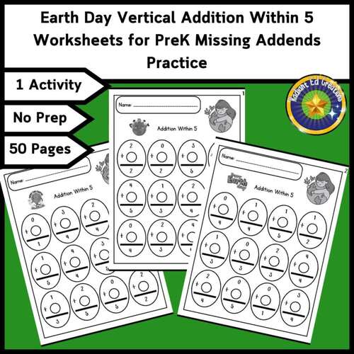 Earth Day Vertical Addition Within 5 Worksheets for PreK Missing Addend ...