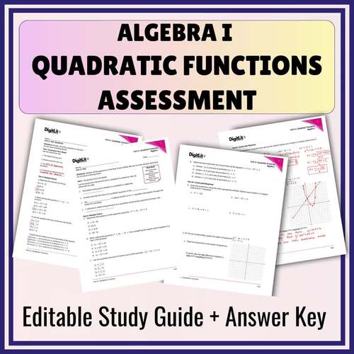 Quadratic Functions Editable Test & Assessment for 8th-10th Grade Algebra 1