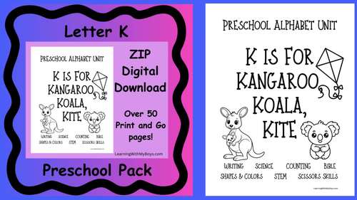 Letter K is for Kangaroo, Koala, & Kite Preschool Pack Digital Download