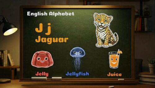Preview of Animated chalkboard video showing the letter J with colorful chalk drawings.