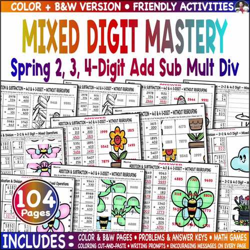 Spring 2, 3, 4-Digit Multi Math Add Sub Mult Div Mystery Cut Paste Color Game
