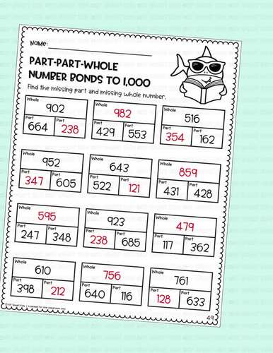 Number Bonds to 1000 Missing Part and Whole Summer Math Worksheets 2nd ...