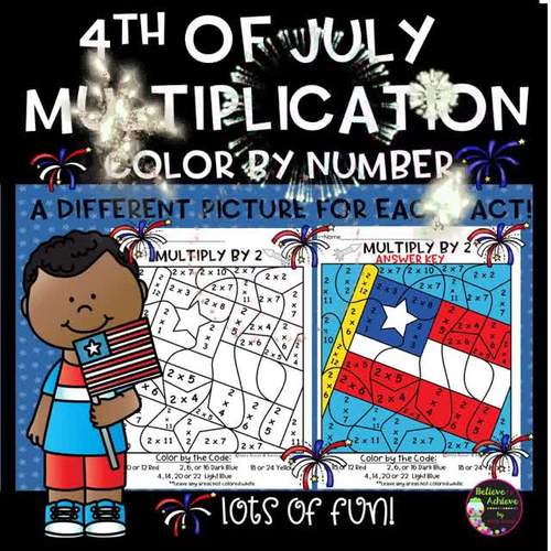 Fourth of July (Patriotic) Color by Number Multiplication- 2's to 12's