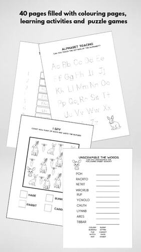 Rabbit Activity Coloring Book Printable, Kids Learning Activity Pack,