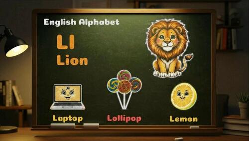 Preview of Animated chalkboard video showing the letter L with colorful chalk drawings.