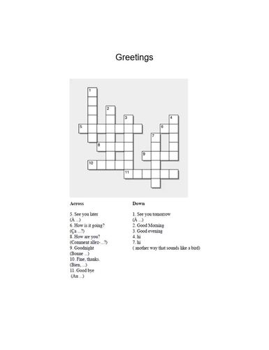 French Greetings Crossword by Real Life Language TPT
