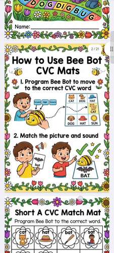 Bee Bots CVC Match Mats Coding Robotics Stem Activities Short A E I O U ...