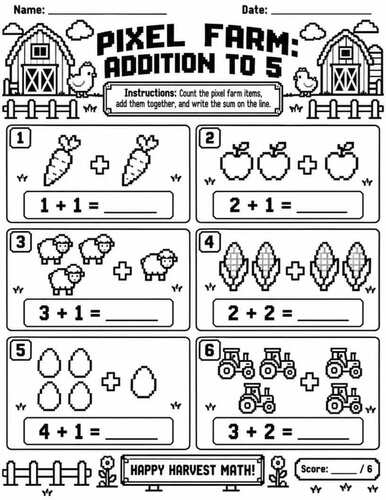 Pixel Math Activity for Kindergarten: Addition within 5 No Prep Printables