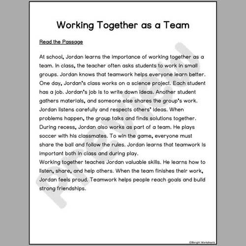Working Together as a Team Reading Comprehension | Grade 2-3 | No Prep