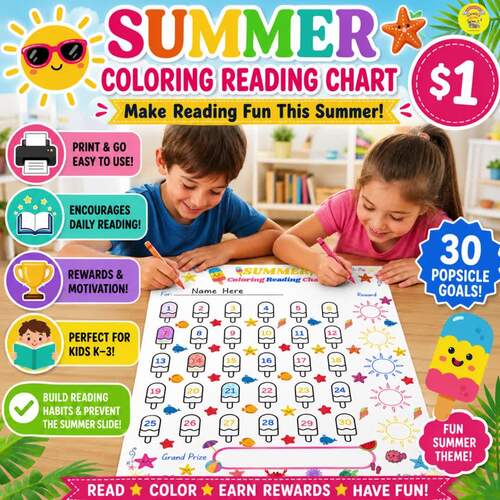 Summer Coloring Reading Reward Chart Printable Tracker End of Year ...