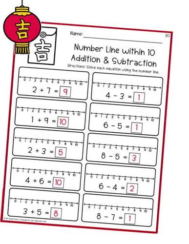 Lunar New Year Number Line Mixed Add & Subtract Within 10 Worksheets ...