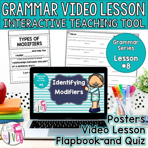 Preview of Identify Adjectives Adverbs Prepositions Grammar Video Lesson Worksheets Review